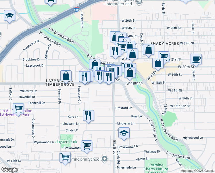 map of restaurants, bars, coffee shops, grocery stores, and more near 1726 Willowby Drive in Houston