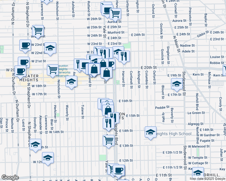 map of restaurants, bars, coffee shops, grocery stores, and more near 1703 Heights Boulevard in Houston