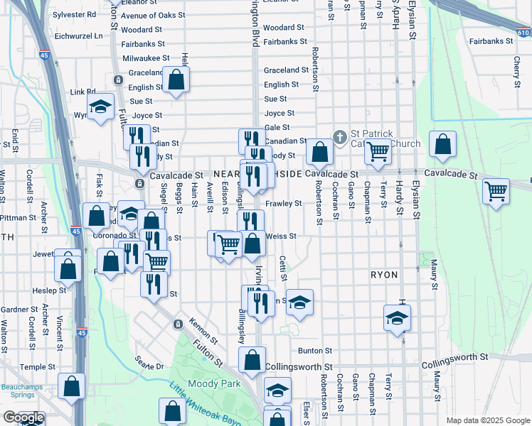 map of restaurants, bars, coffee shops, grocery stores, and more near 4409 Irvington Boulevard in Houston