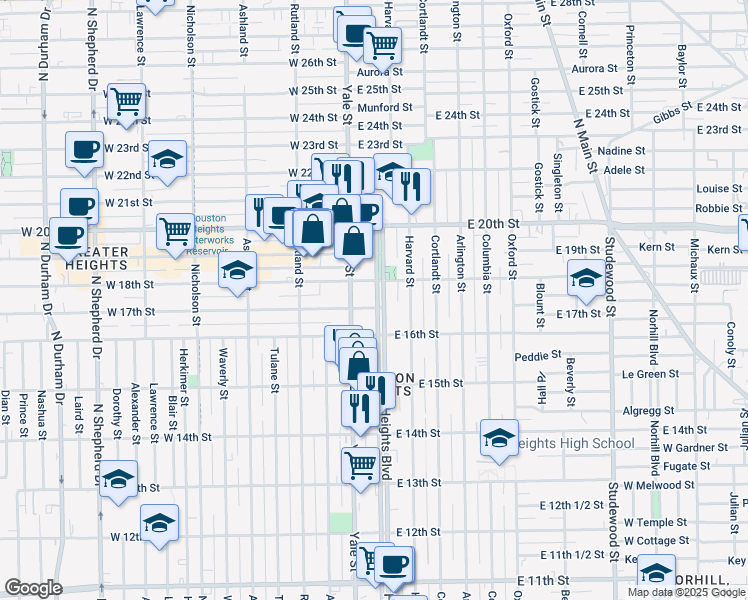 map of restaurants, bars, coffee shops, grocery stores, and more near 1605 Heights Boulevard in Houston