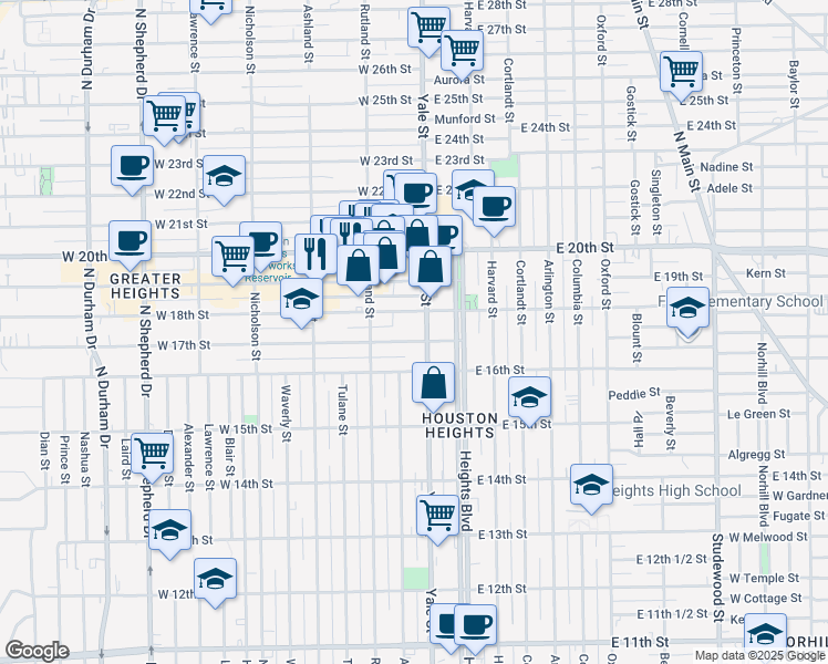 map of restaurants, bars, coffee shops, grocery stores, and more near 214 West 17th Street in Houston
