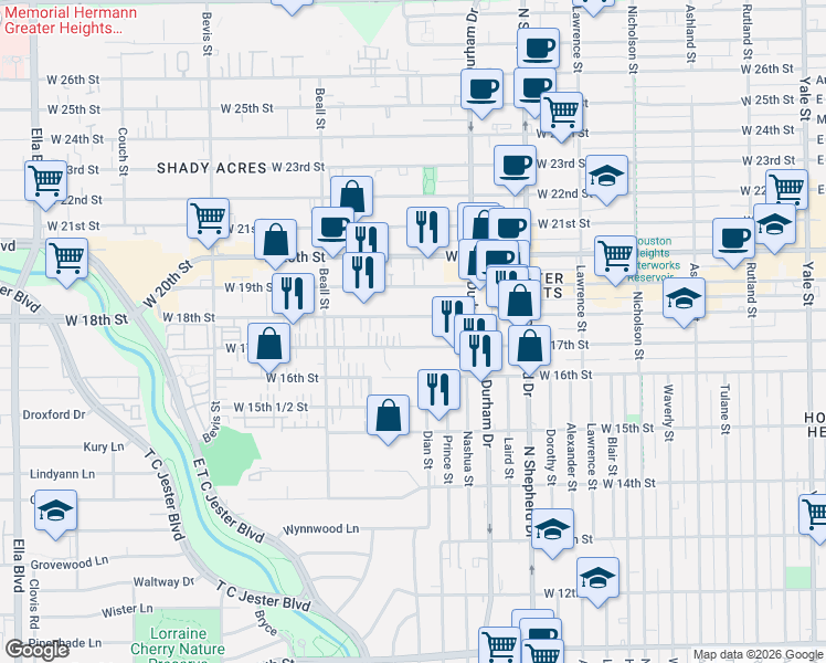 map of restaurants, bars, coffee shops, grocery stores, and more near 918 West 17th Street in Houston