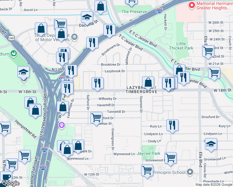 map of restaurants, bars, coffee shops, grocery stores, and more near 2402 Willowby Drive in Houston