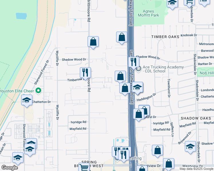 map of restaurants, bars, coffee shops, grocery stores, and more near 10803 Warwana Road in Houston