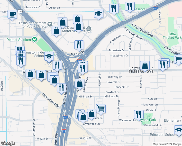 map of restaurants, bars, coffee shops, grocery stores, and more near 2734 West 18th Street in Houston