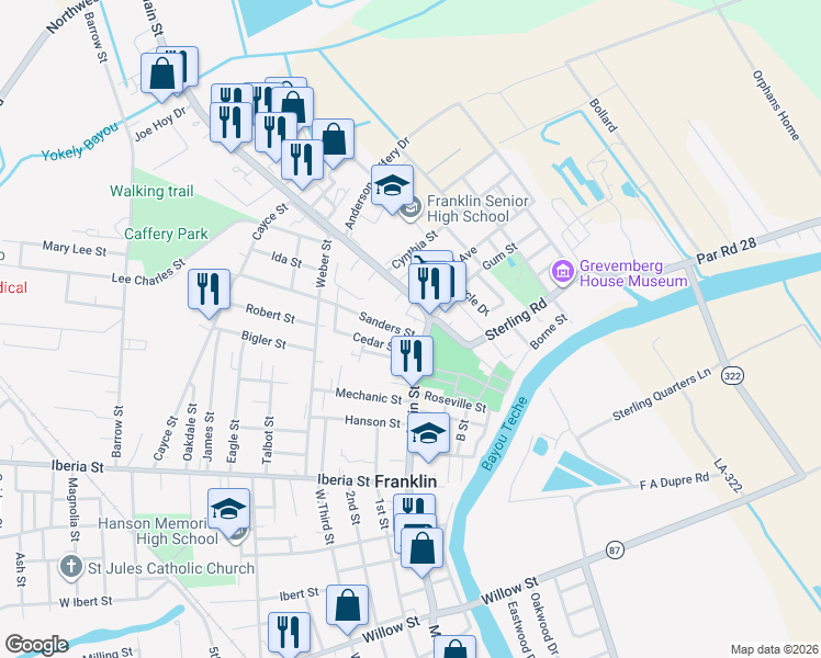 map of restaurants, bars, coffee shops, grocery stores, and more near 220 Cedar Street in Franklin
