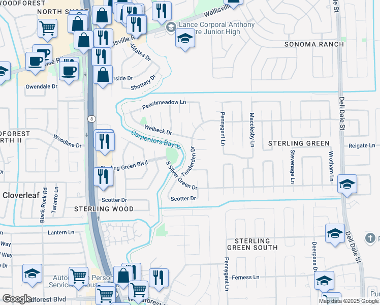 map of restaurants, bars, coffee shops, grocery stores, and more near 1371 Tenderden Drive in Channelview