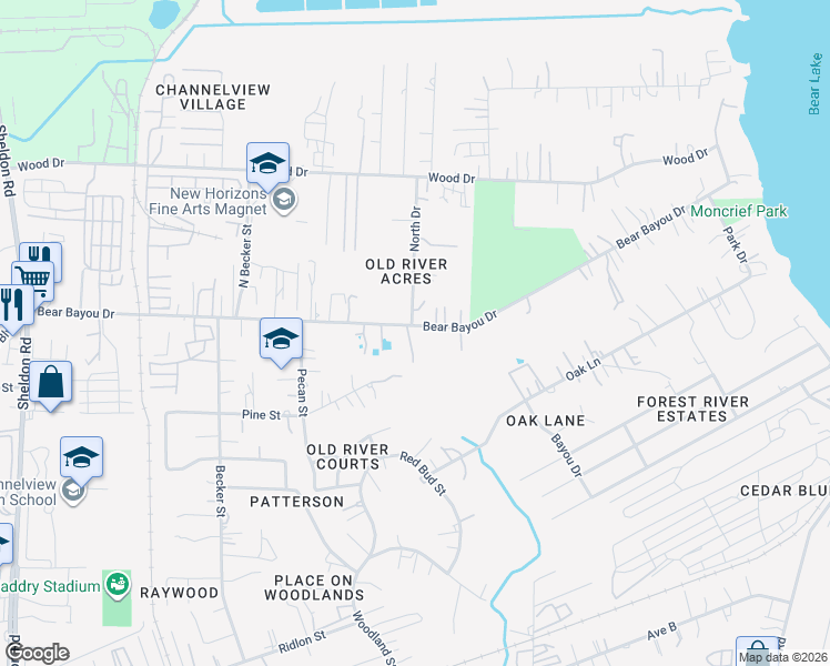map of restaurants, bars, coffee shops, grocery stores, and more near 16310 Bear Bayou Drive in Channelview