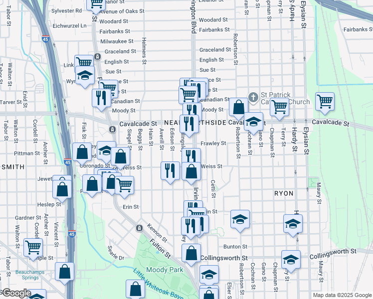 map of restaurants, bars, coffee shops, grocery stores, and more near 4409 Irvington Boulevard in Houston