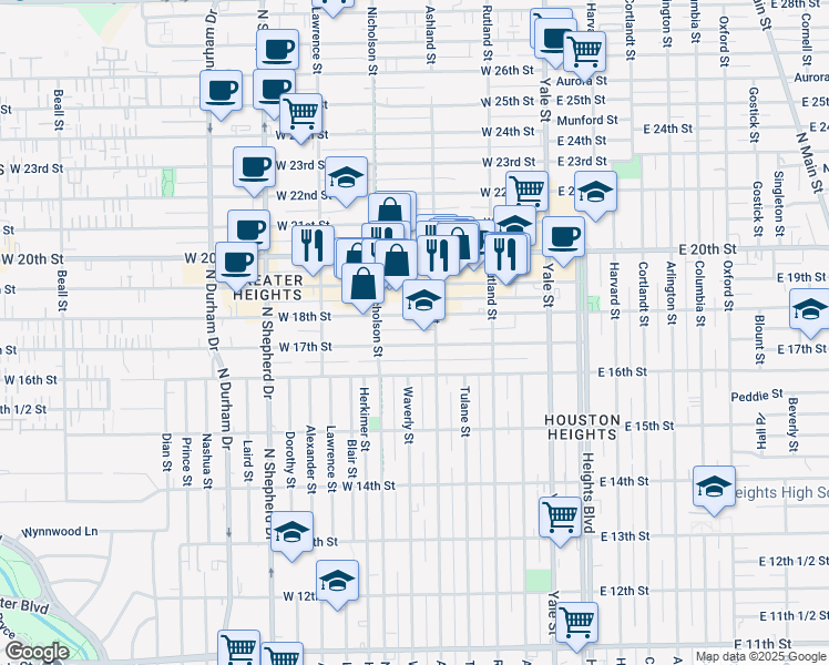 map of restaurants, bars, coffee shops, grocery stores, and more near 411 West 17th Street in Houston