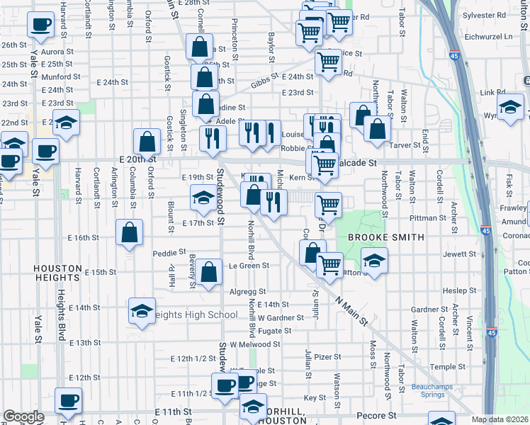 map of restaurants, bars, coffee shops, grocery stores, and more near 1014 Jerome Street in Houston