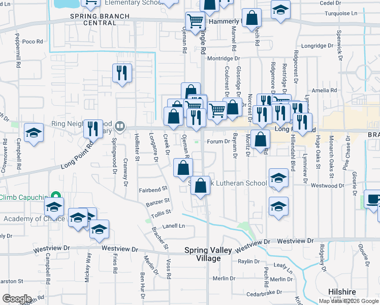 map of restaurants, bars, coffee shops, grocery stores, and more near 1750 Ojeman Road in Houston