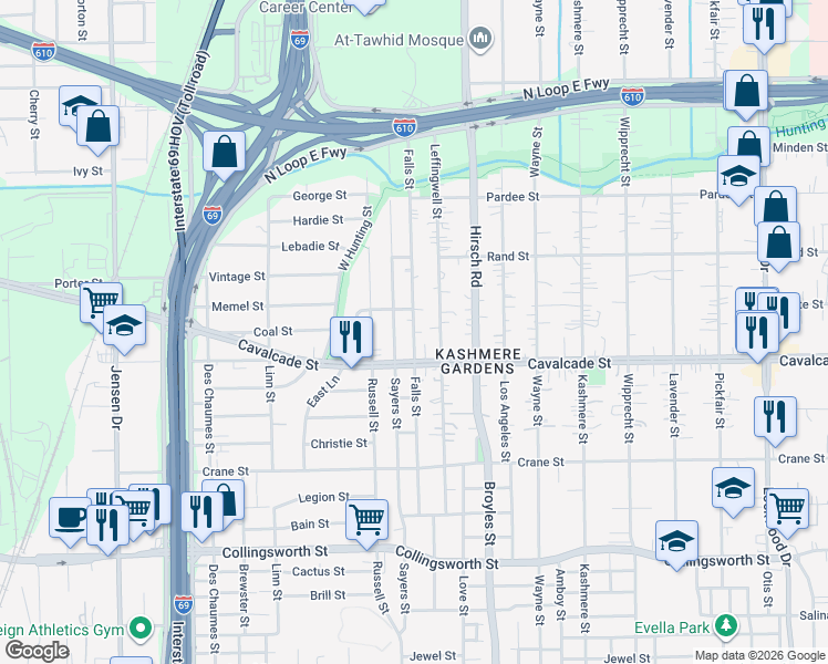 map of restaurants, bars, coffee shops, grocery stores, and more near 4601 Falls Street in Houston