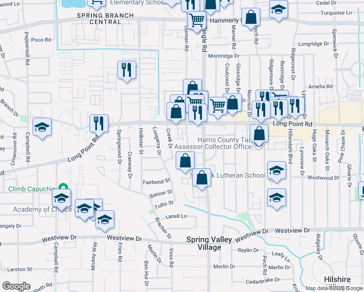 map of restaurants, bars, coffee shops, grocery stores, and more near 1722 Creek Drive in Houston