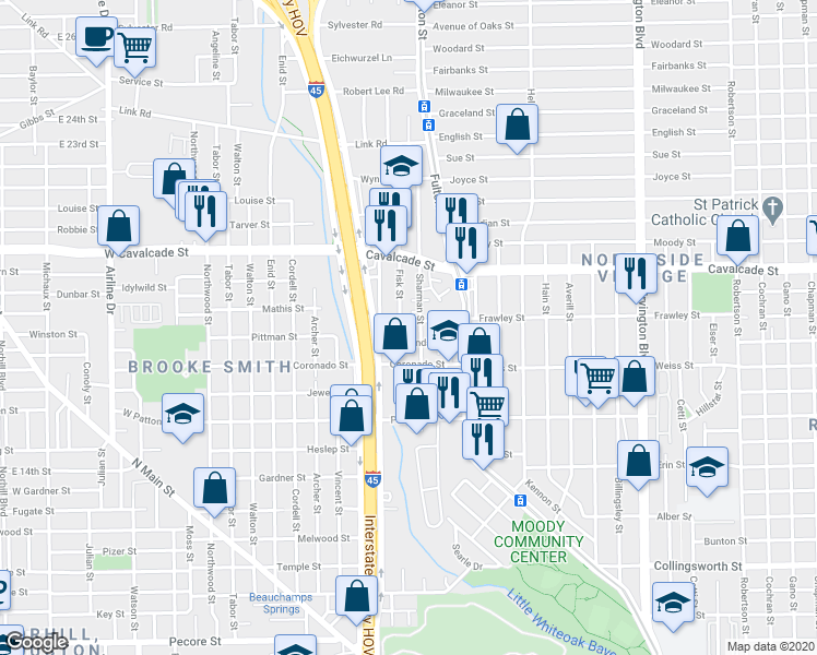 map of restaurants, bars, coffee shops, grocery stores, and more near 4617 Sharman Street in Houston