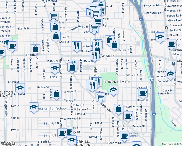 map of restaurants, bars, coffee shops, grocery stores, and more near 1713 Airline Drive in Houston