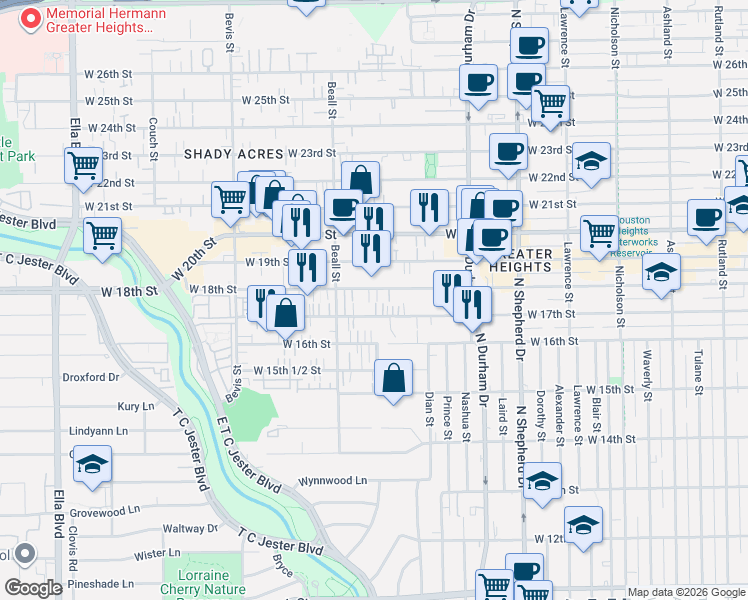 map of restaurants, bars, coffee shops, grocery stores, and more near 941 West 18th Street in Houston