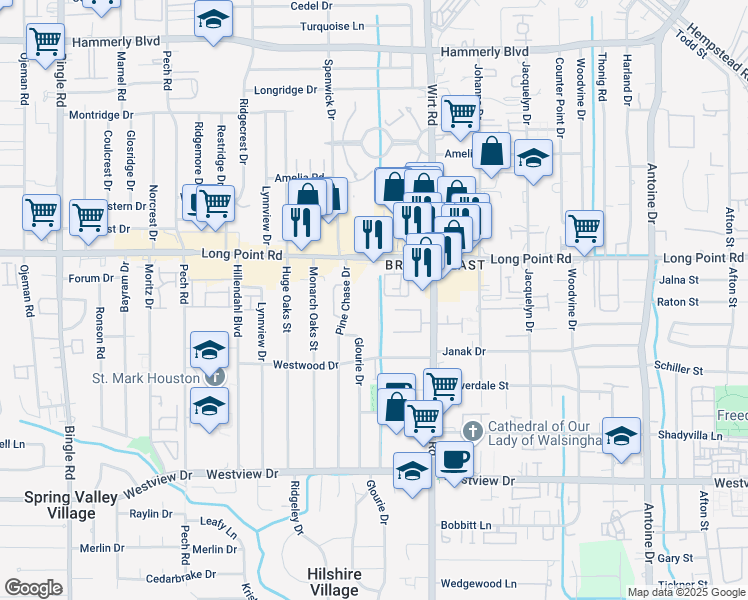 map of restaurants, bars, coffee shops, grocery stores, and more near 1737 French Village Drive in Houston