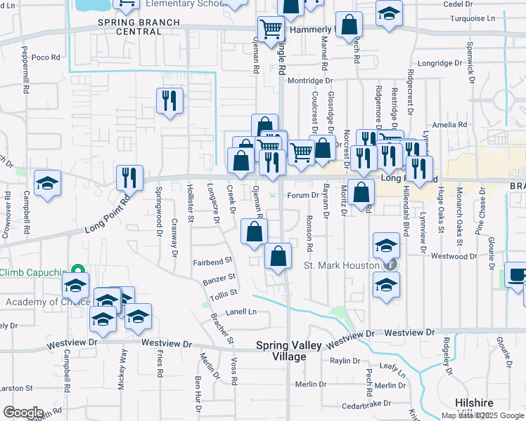 map of restaurants, bars, coffee shops, grocery stores, and more near 1750 Ojeman Road in Houston