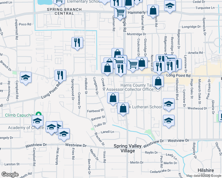 map of restaurants, bars, coffee shops, grocery stores, and more near 1722 Creek Drive in Houston