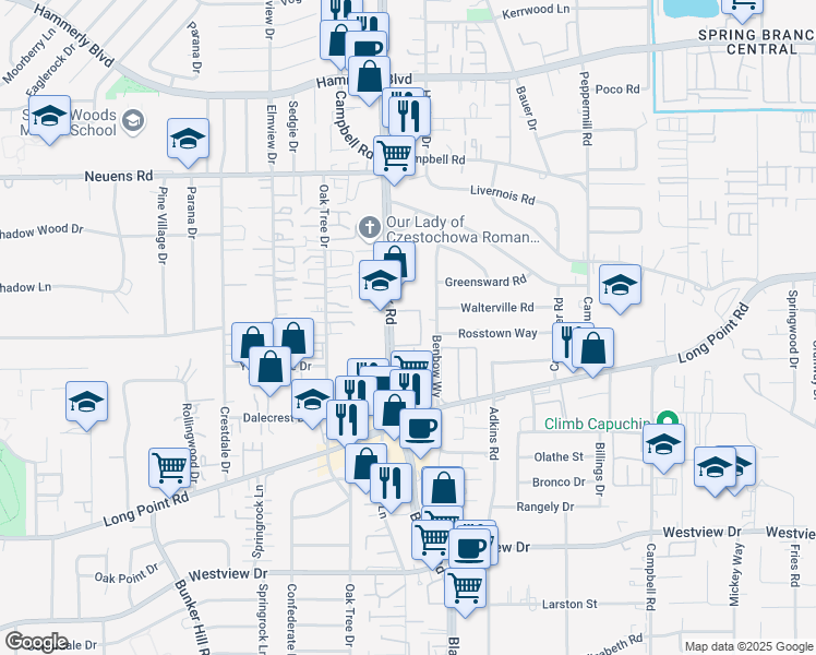 map of restaurants, bars, coffee shops, grocery stores, and more near 1735 Benbow Way in Houston