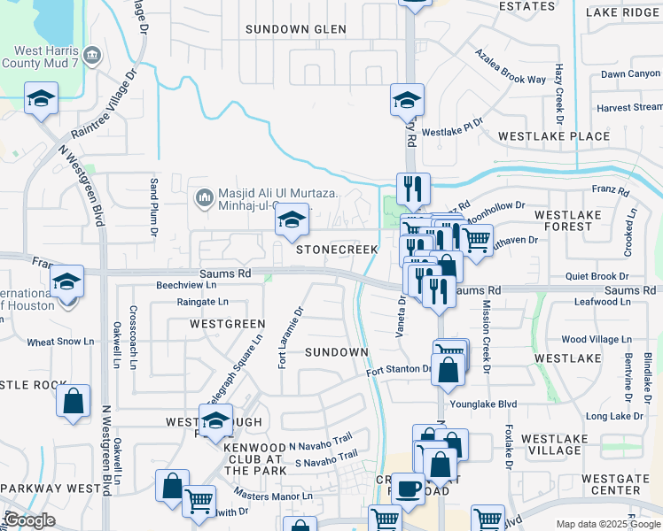 map of restaurants, bars, coffee shops, grocery stores, and more near 20000 Saums Road in Katy