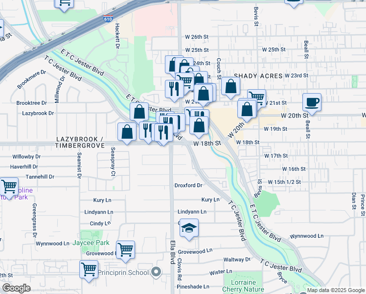 map of restaurants, bars, coffee shops, grocery stores, and more near 1523 West 18th Street in Houston