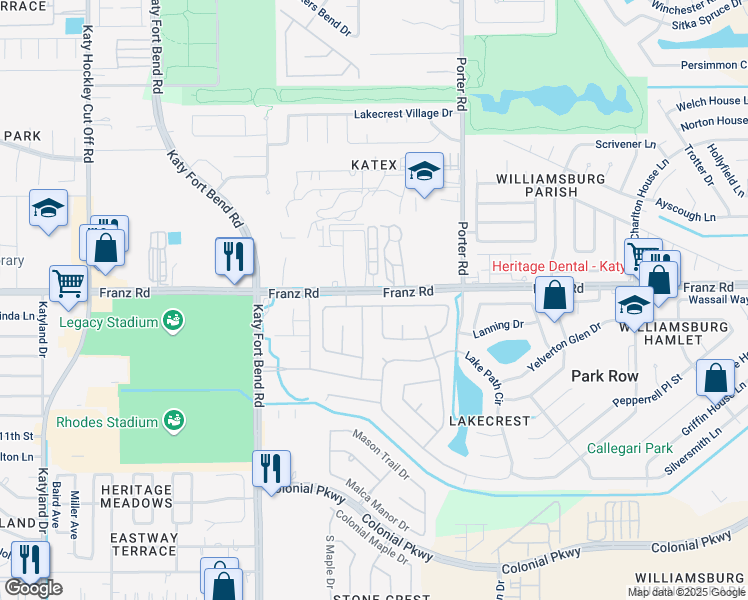 map of restaurants, bars, coffee shops, grocery stores, and more near 24802 Tribeca Lane in Katy