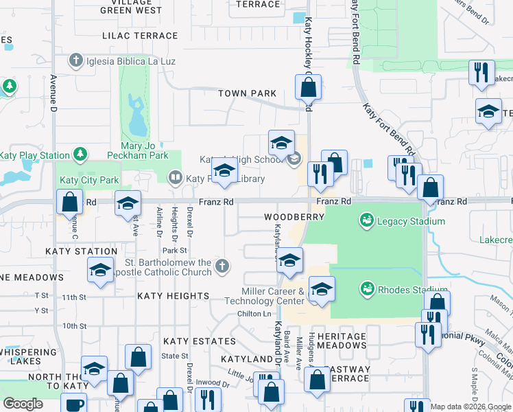 map of restaurants, bars, coffee shops, grocery stores, and more near 5327 Franz Road in Katy