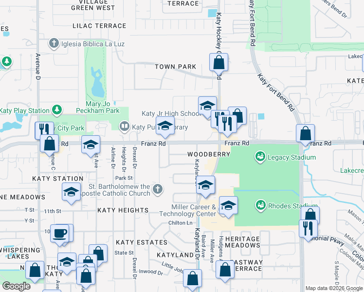 map of restaurants, bars, coffee shops, grocery stores, and more near 5327 Franz Road in Katy