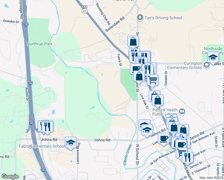 map of restaurants, bars, coffee shops, grocery stores, and more near 288 Fabra Street in Boerne
