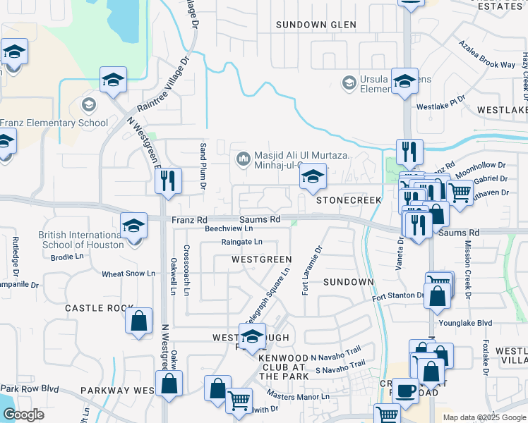 map of restaurants, bars, coffee shops, grocery stores, and more near 20400 Saums Road in Katy