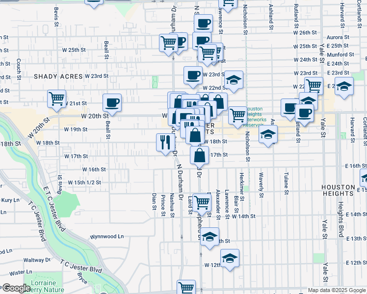 map of restaurants, bars, coffee shops, grocery stores, and more near 747 West 18th Street in Houston