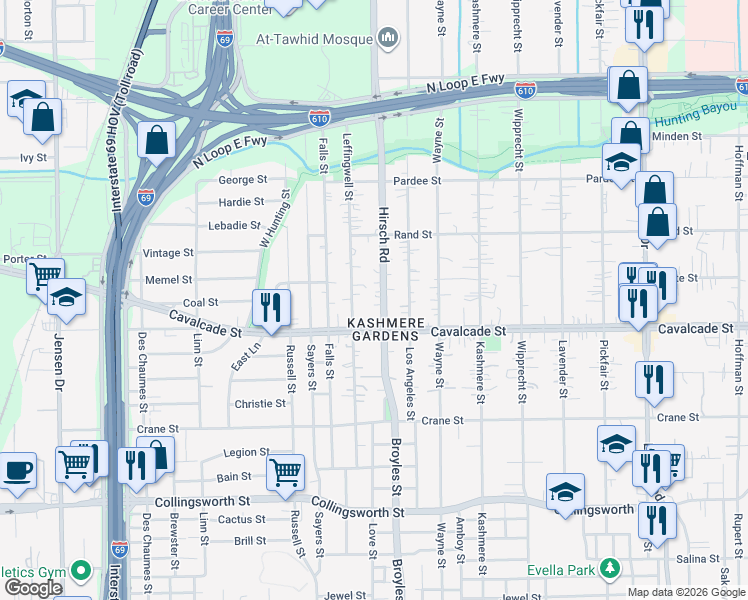 map of restaurants, bars, coffee shops, grocery stores, and more near 4512 Hirsch Road in Houston