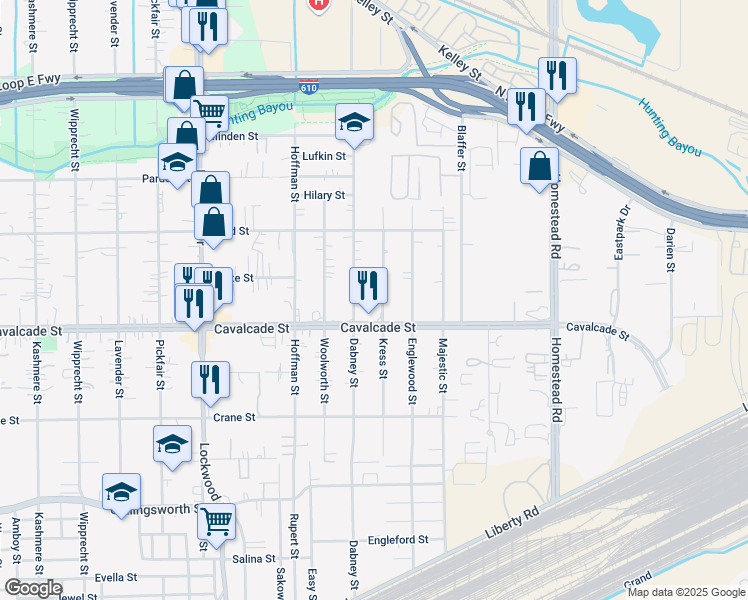 map of restaurants, bars, coffee shops, grocery stores, and more near 4522 Dabney Street in Houston