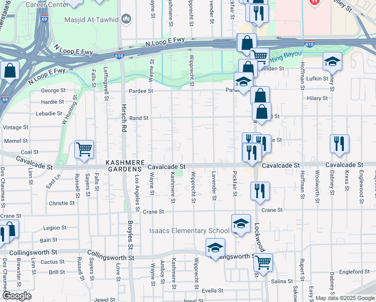 map of restaurants, bars, coffee shops, grocery stores, and more near 4514 Kashmere Street in Houston