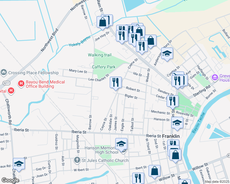 map of restaurants, bars, coffee shops, grocery stores, and more near 1101 Cayce Street in Franklin