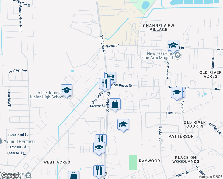 map of restaurants, bars, coffee shops, grocery stores, and more near 1226 Sheldon Road in Channelview