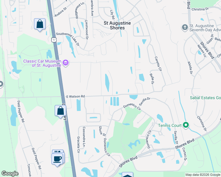 map of restaurants, bars, coffee shops, grocery stores, and more near 59 Amistad Drive in St. Augustine