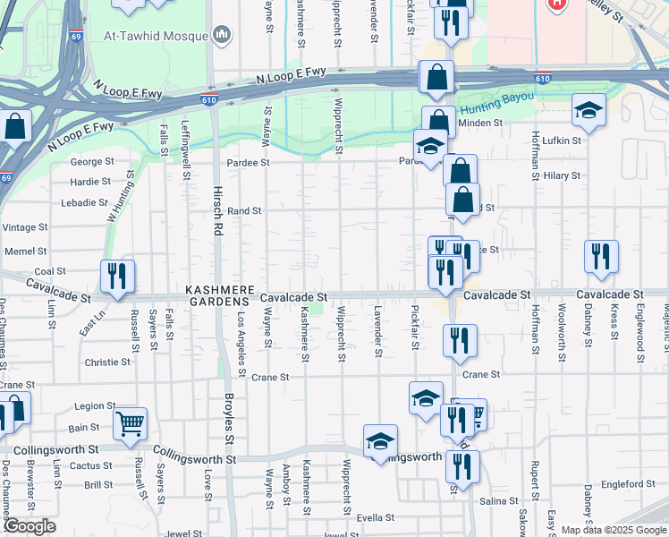 map of restaurants, bars, coffee shops, grocery stores, and more near 4507 Wipprecht Street in Houston