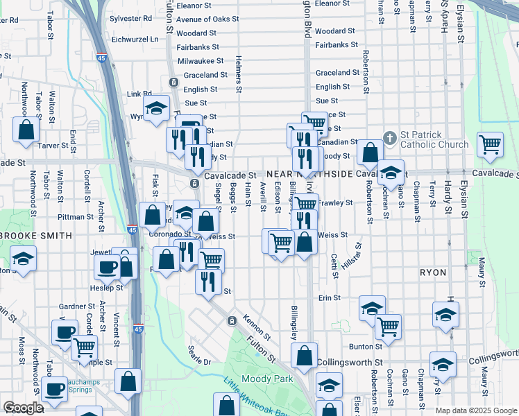 map of restaurants, bars, coffee shops, grocery stores, and more near 4607 Averill Street in Houston