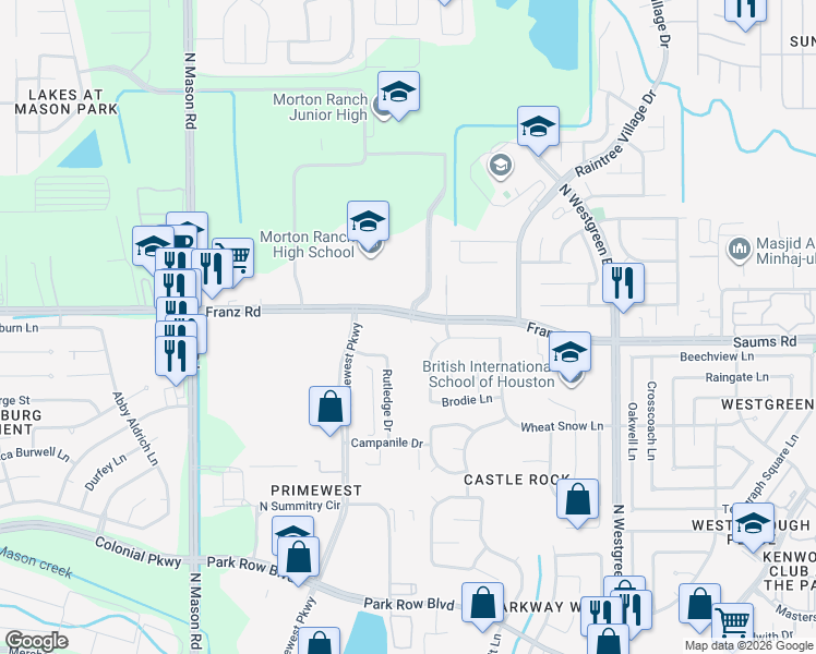 map of restaurants, bars, coffee shops, grocery stores, and more near 20431 Franz Road in Katy