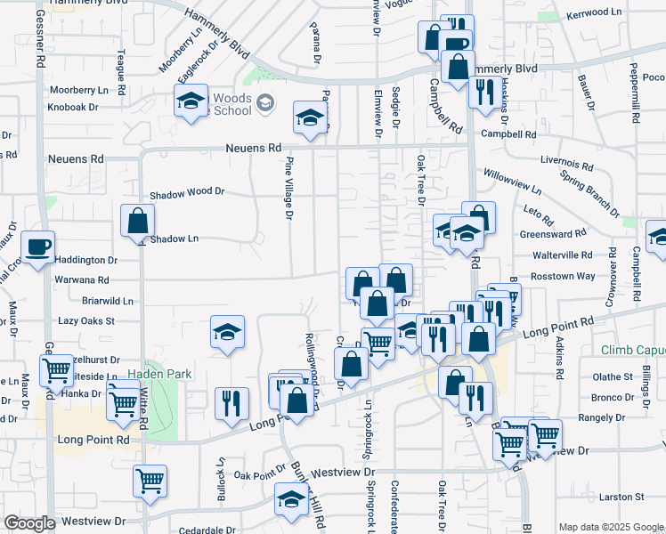 map of restaurants, bars, coffee shops, grocery stores, and more near 1636 Crestdale Drive in Houston