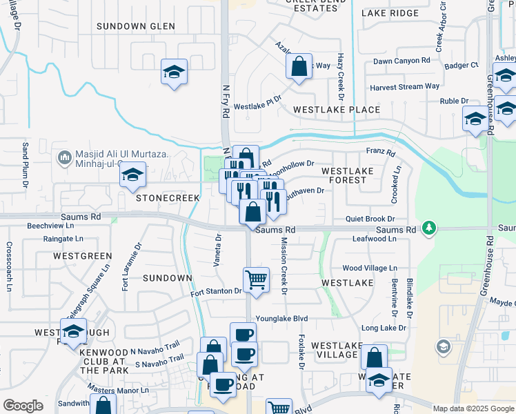 map of restaurants, bars, coffee shops, grocery stores, and more near 2415 Creek Meadow Drive in Houston