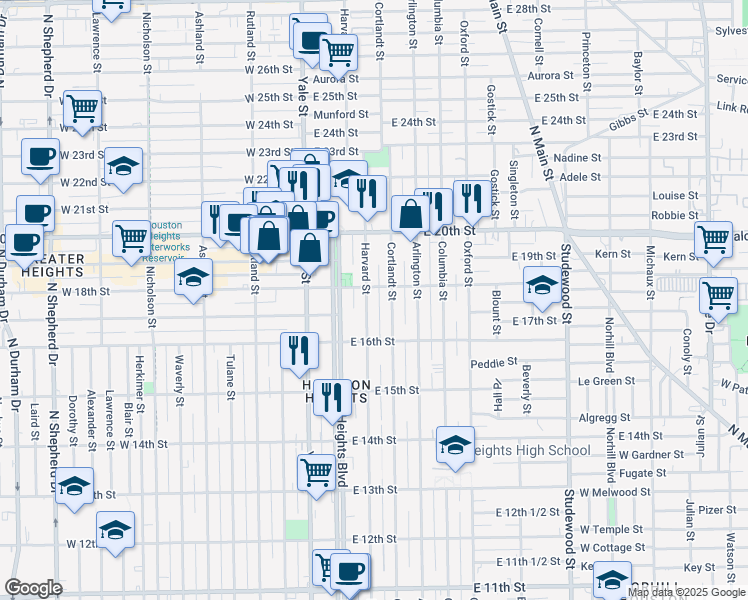 map of restaurants, bars, coffee shops, grocery stores, and more near 1640 Harvard Street in Houston