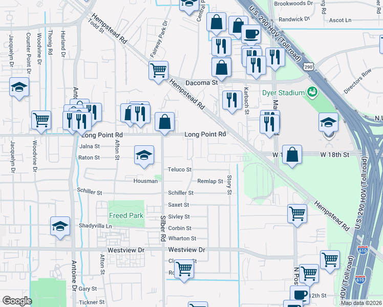 map of restaurants, bars, coffee shops, grocery stores, and more near 1704 Lindsey Ridge Drive in Houston