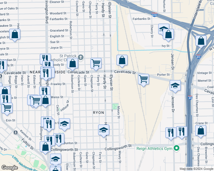 map of restaurants, bars, coffee shops, grocery stores, and more near 4602 Hardy Street in Houston