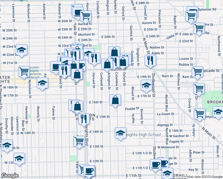 map of restaurants, bars, coffee shops, grocery stores, and more near 414 East 18th Street in Houston