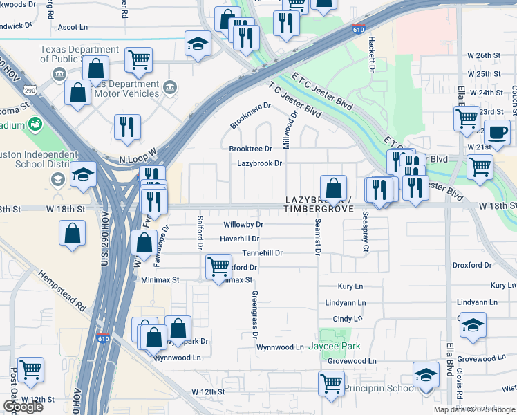 map of restaurants, bars, coffee shops, grocery stores, and more near 1807 Greengrass Court in Houston