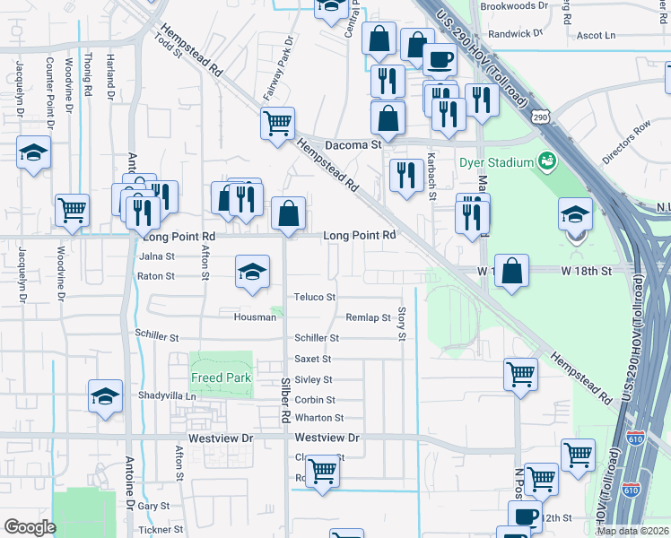 map of restaurants, bars, coffee shops, grocery stores, and more near 1704 Lindsey Ridge Drive in Houston